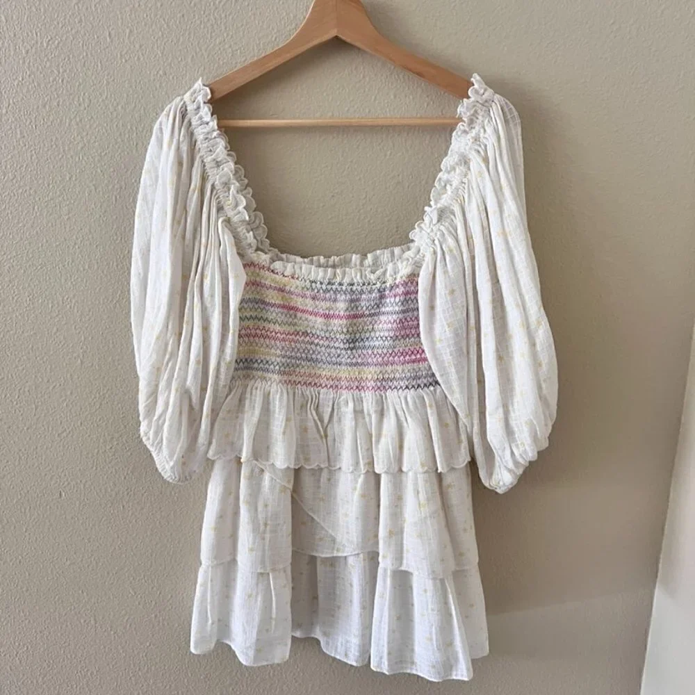 Love Shack Fancy Shaw Puff Sleeve Tiered Mini Dress In Butter Yellow XS‌‌‌‌‌‌‌‌